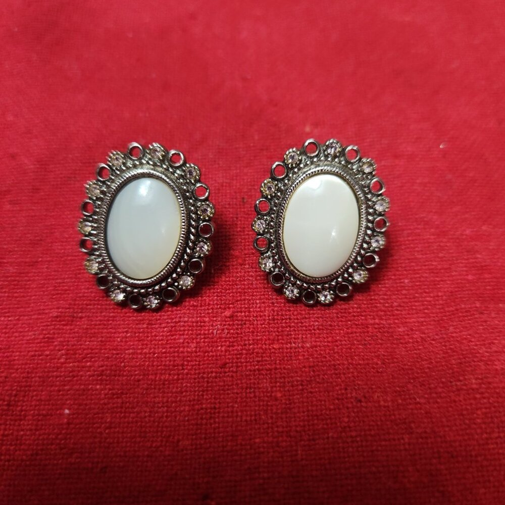 1928 Jewelry Earrings & Brooche Faux MOP Moonstone Silver Art Deco Victorian 80s - Picture 5 of 9